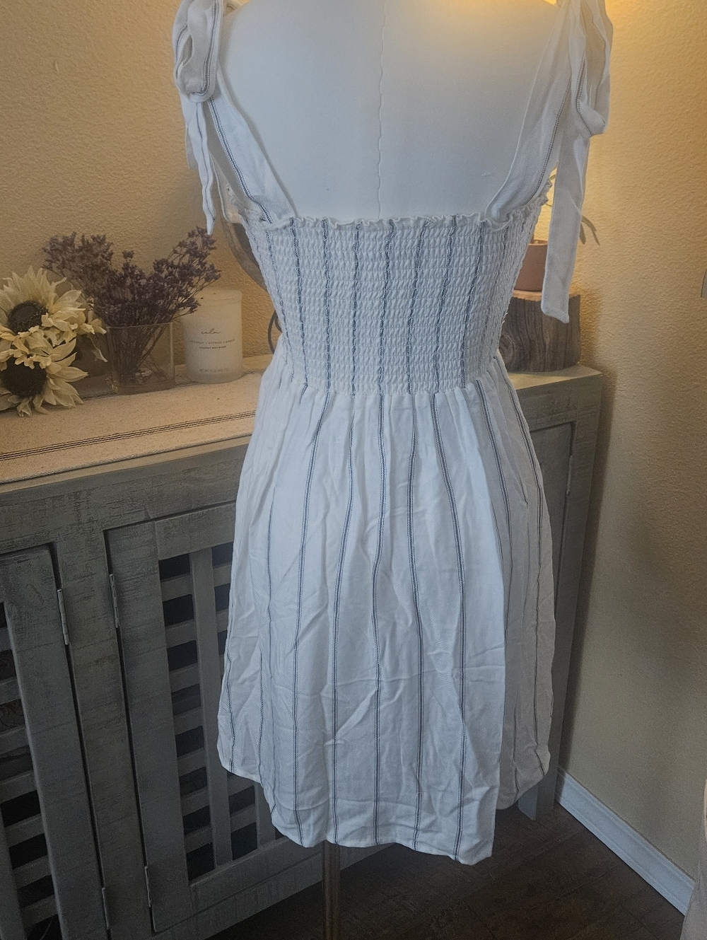 Show Me Your MuMu White Dress with Blue Pinstripes and Tie Shoulders - Picture 4 of 6